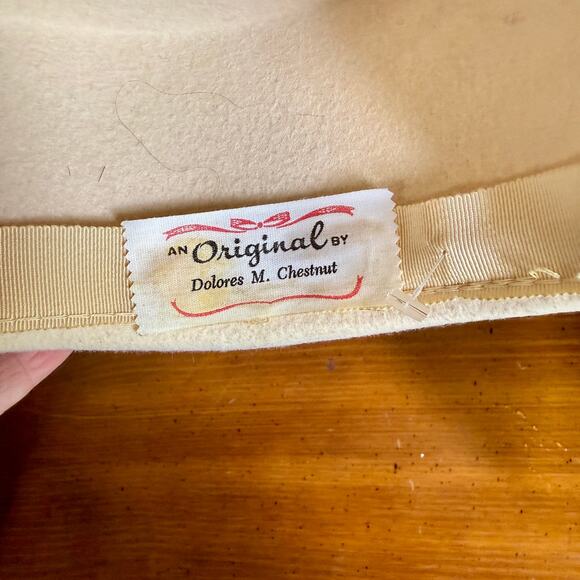 Vintage 1960s Wide Brim Hat Dolores M Chestnut Ivory Wool Felt Feather Gold Trim